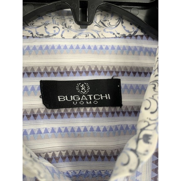 Bugatchi Uomo Shirt Blue‎ Grey Embroidered Thread Flip Cuff Zig Zag Sz L - Picture 2 of 9